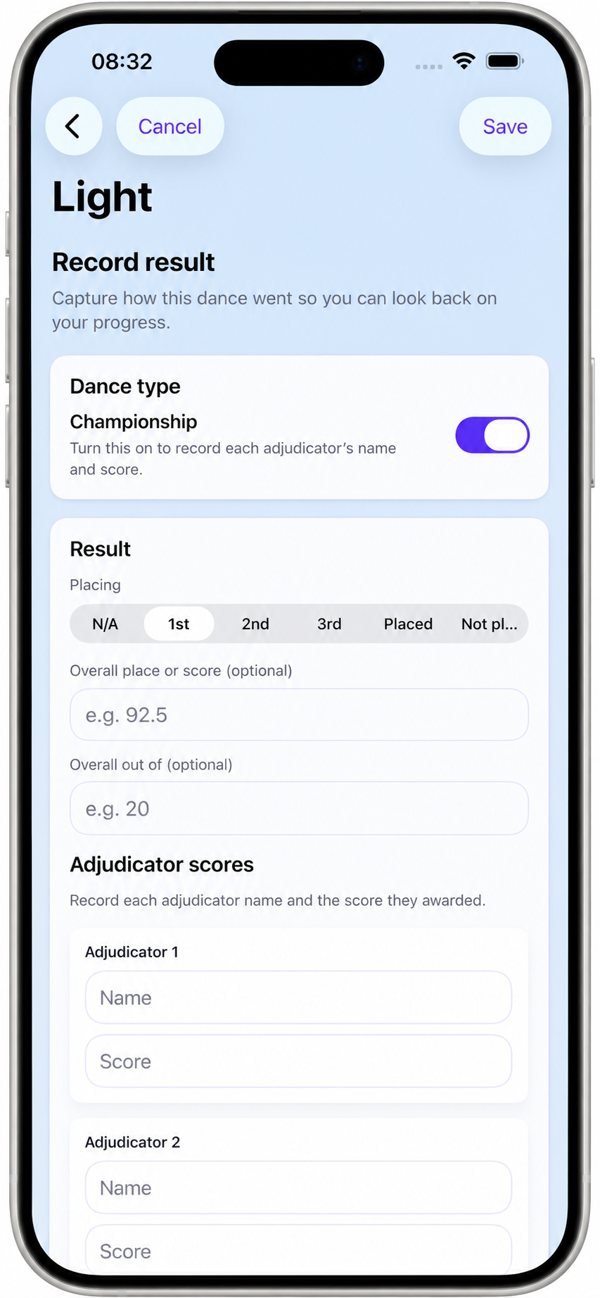 Record result screen