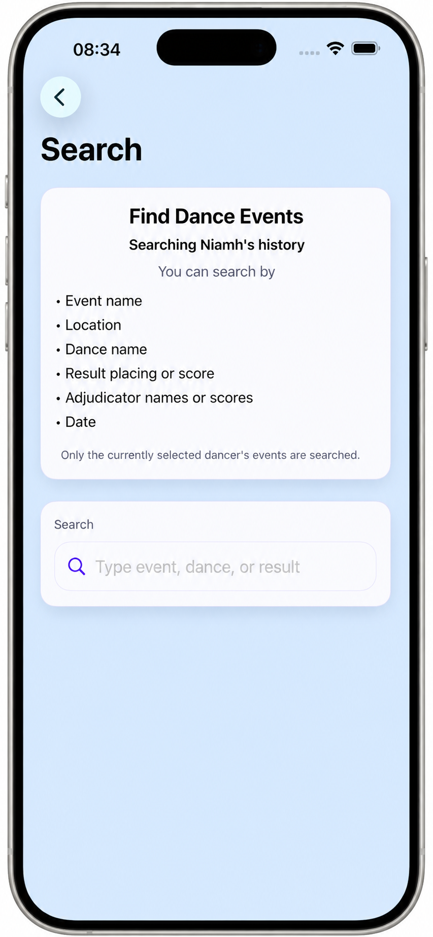 Search dance events screen
