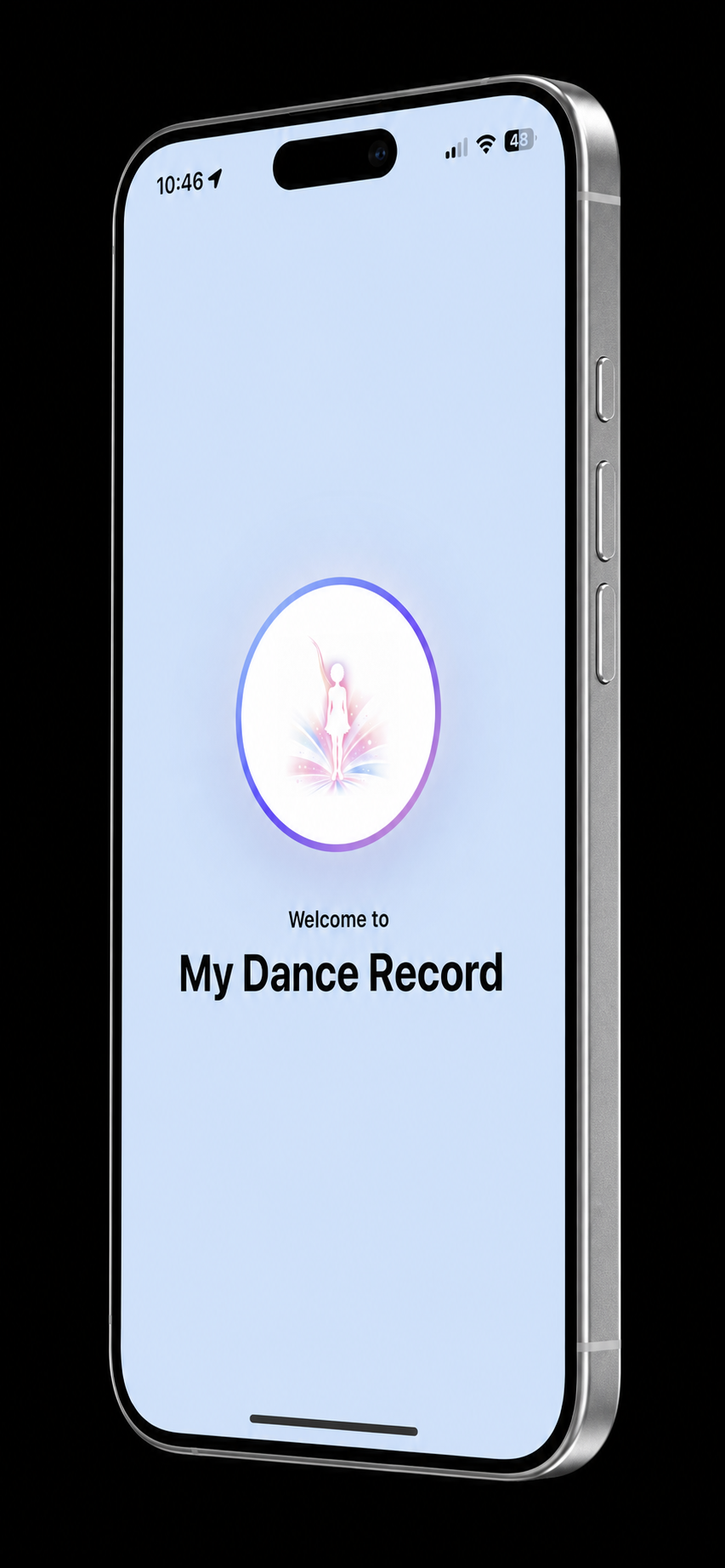 My Dance Record welcome screen shown on a silver iPhone